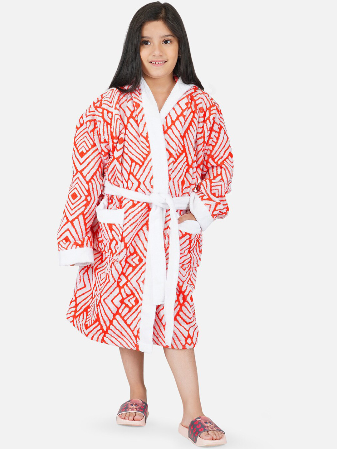 RANGOLI Jaquard Weave Red Geometric Jacquard Drawstring Midi Bath Robe