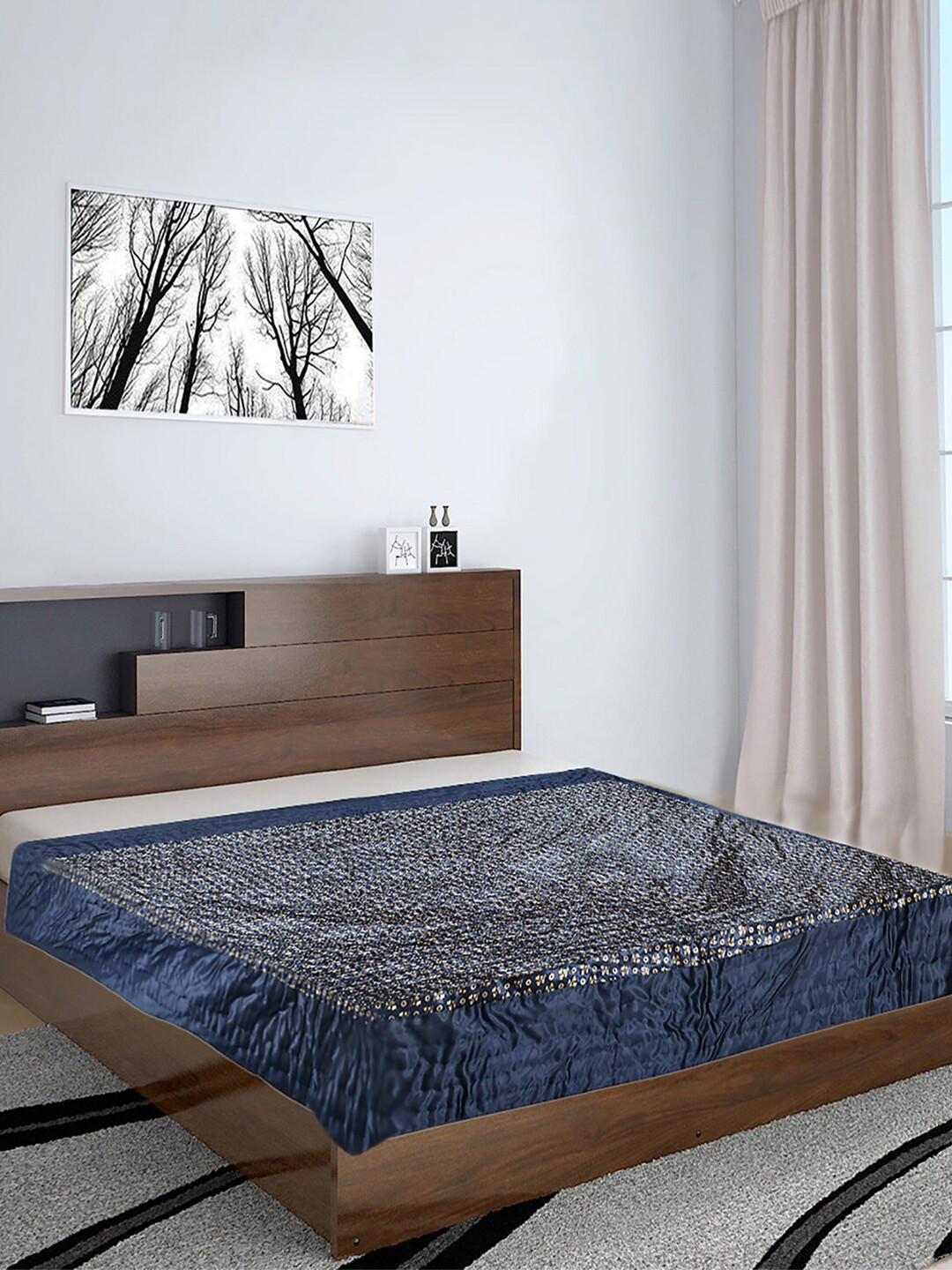 Kuber Industries Royal Blue & Cream-Coloured Floral Mild Winter 300 GSM Double Bed Blanket