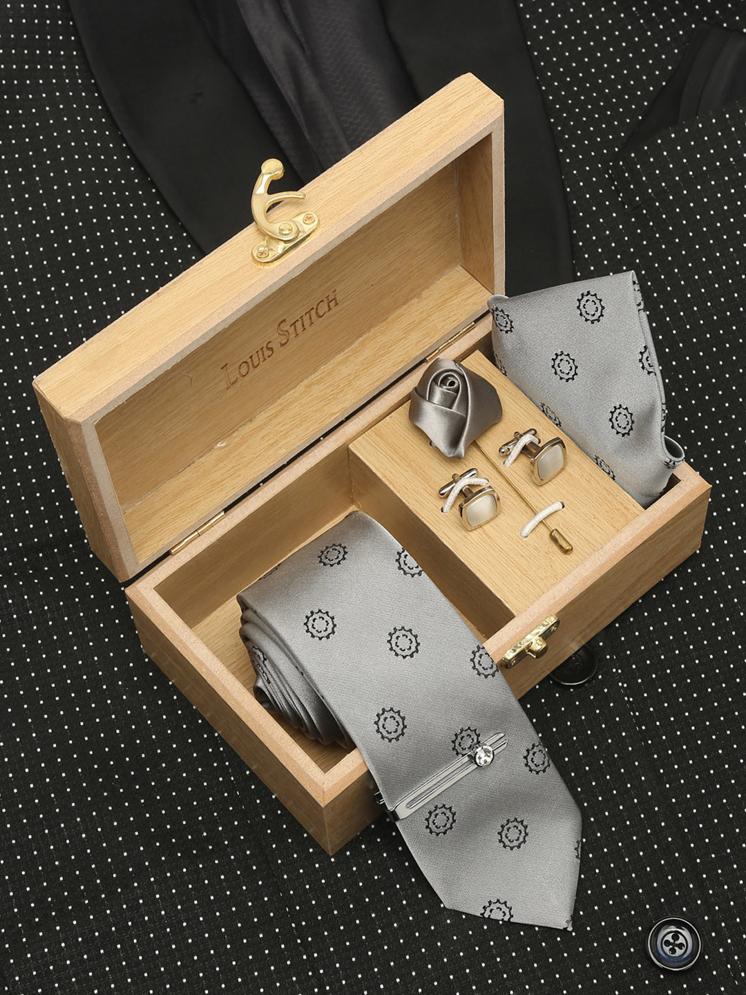 LOUIS STITCH Men Polka Grey Italian Silk Necktie Accessory Gift Set