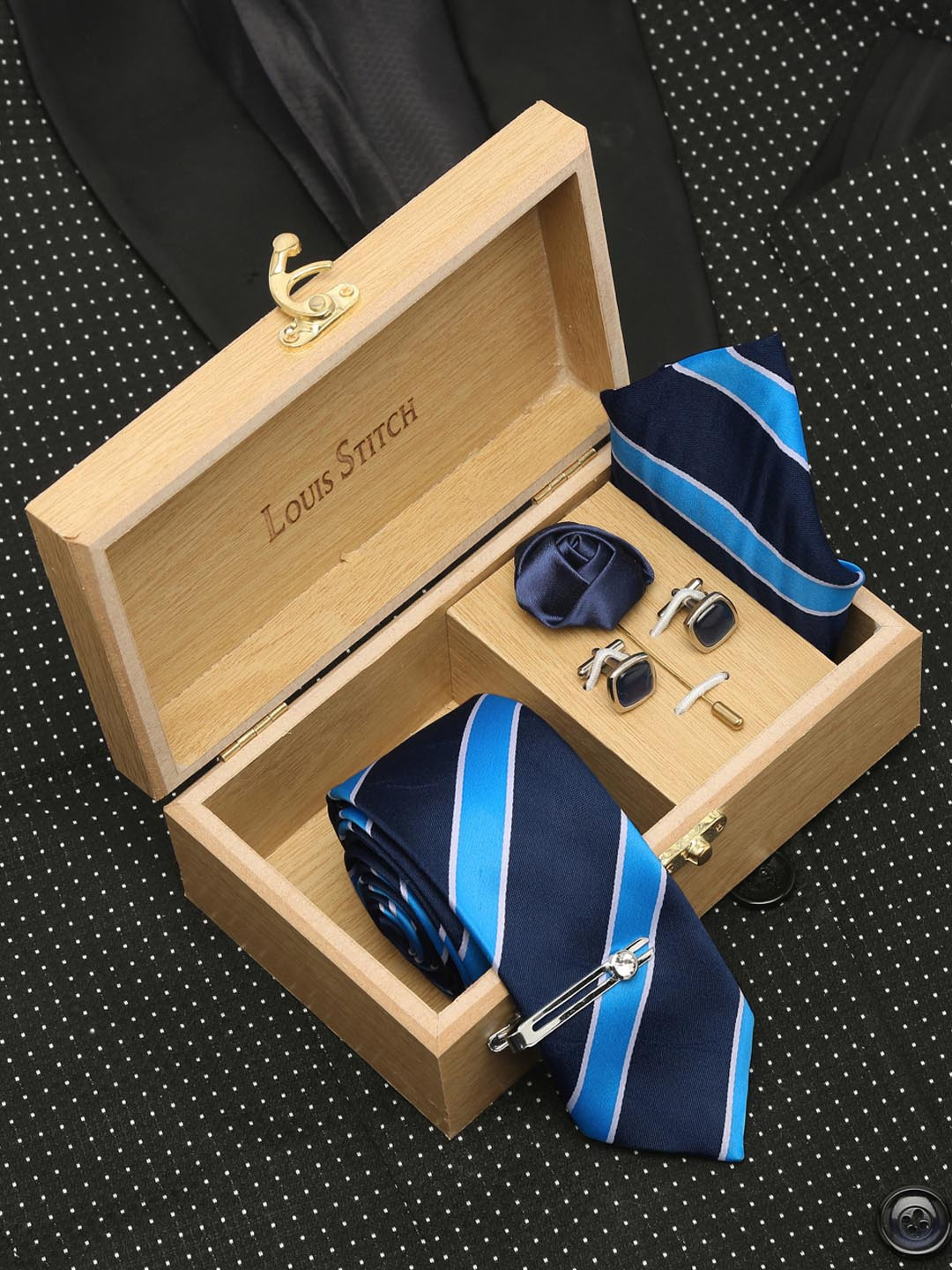 LOUIS STITCH Men Polka Dotted Blue Italian Silk Necktie Accessory Gift Set