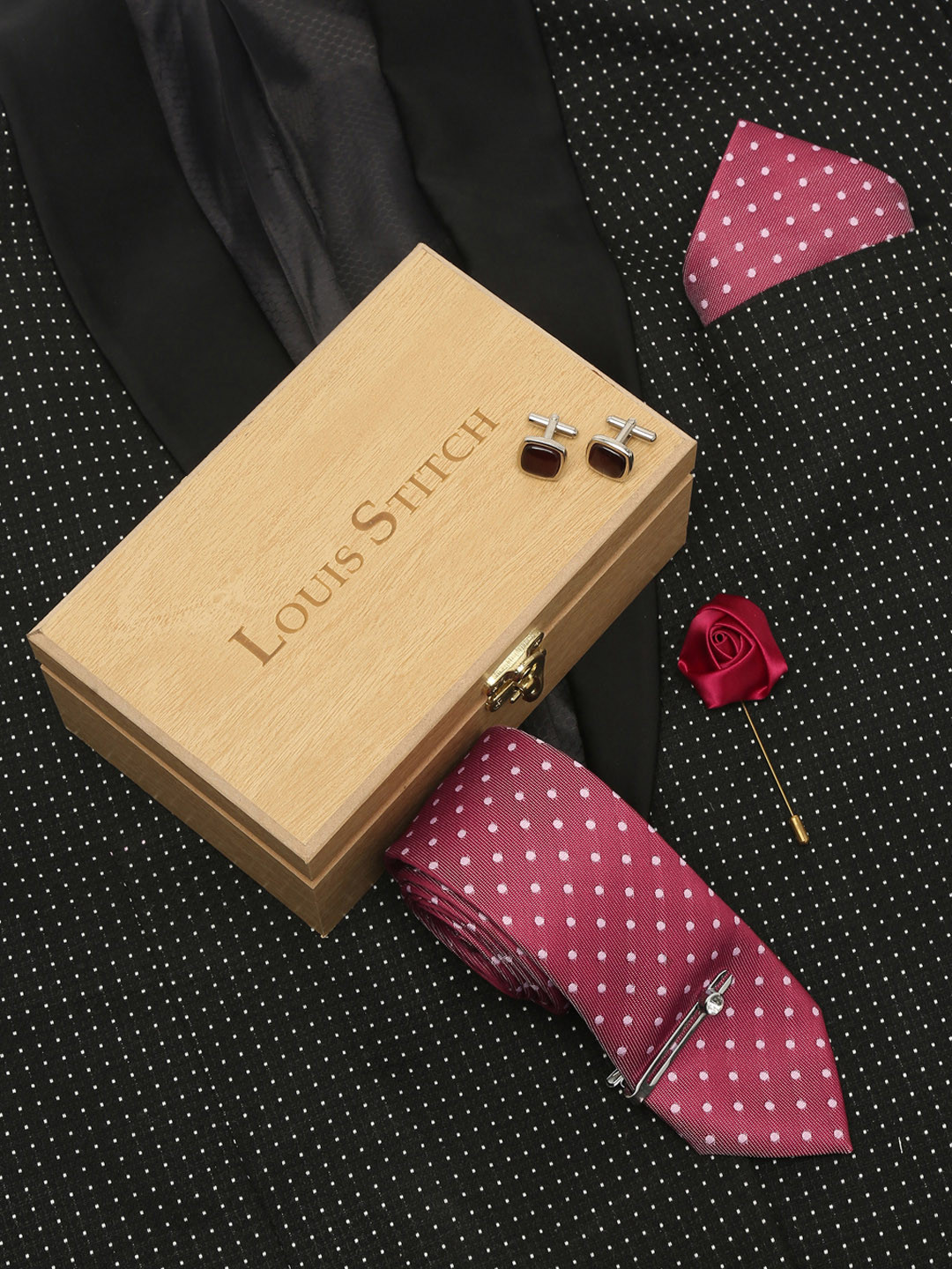 LOUIS STITCH Men Polka Rosewood Italian Silk Necktie Accessory Gift Set
