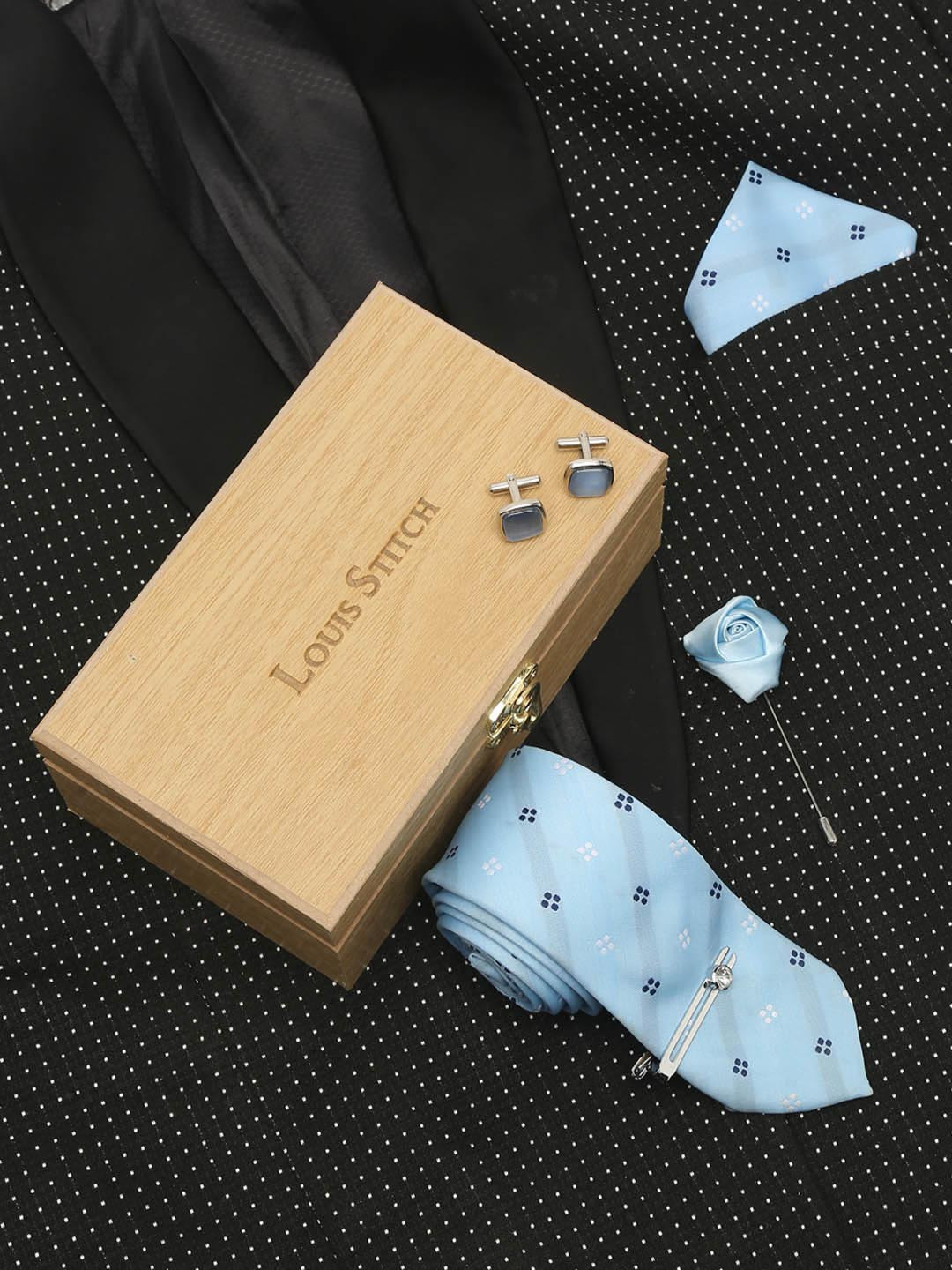 LOUIS STITCH Men Light Printed Blue Italian Silk Necktie Accessory Gift Set