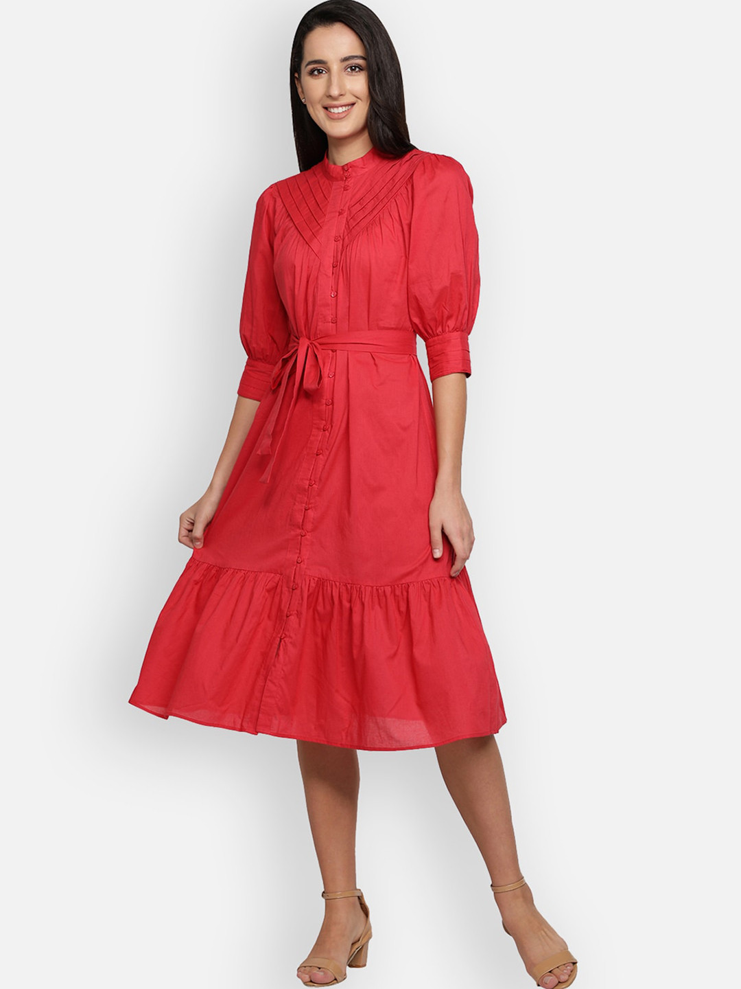BLANC9 Women Red Belted Cotton Midi Dress