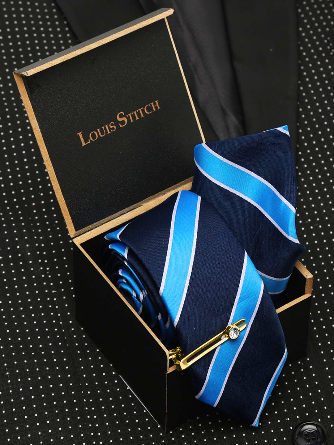 LOUIS STITCH Men Striped Italian Silk Necktie Accessory Gift Set