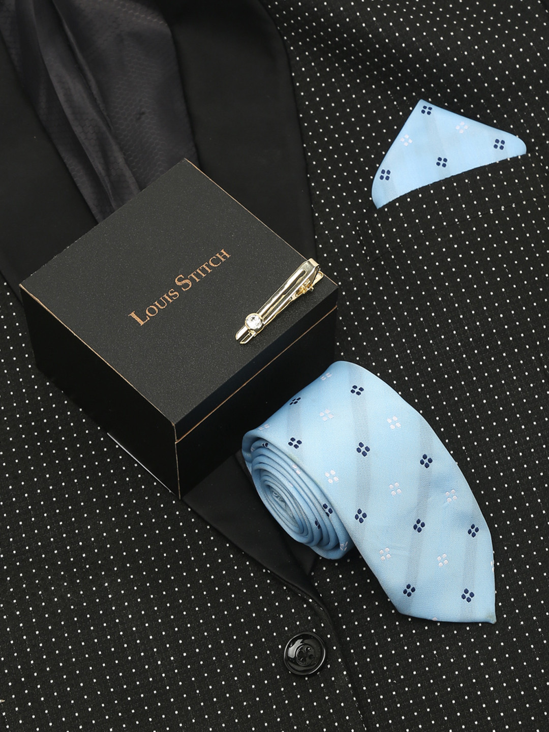 LOUIS STITCH Men Light Printed Blue Italian Silk Necktie Accessory Gift Set