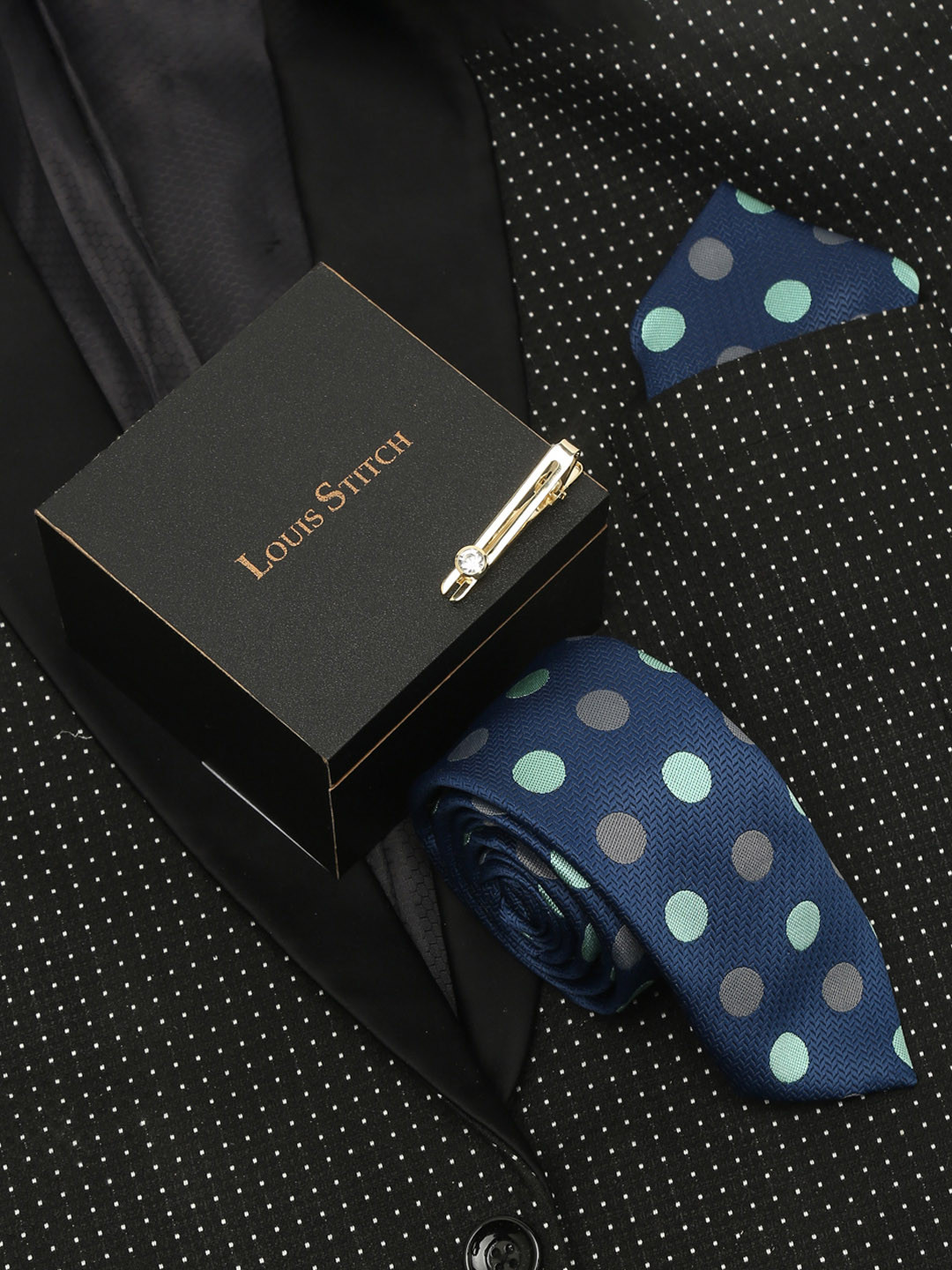 LOUIS STITCH Men Polka Dotted Blue Italian Silk Necktie Accessory Gift Set