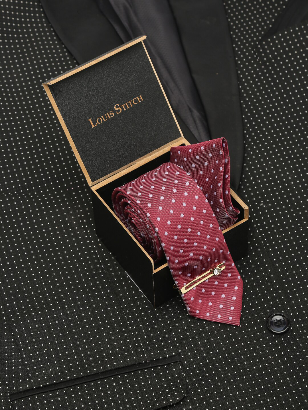 LOUIS STITCH Men Polka Rosewood Italian Silk Necktie Accessory Gift Set