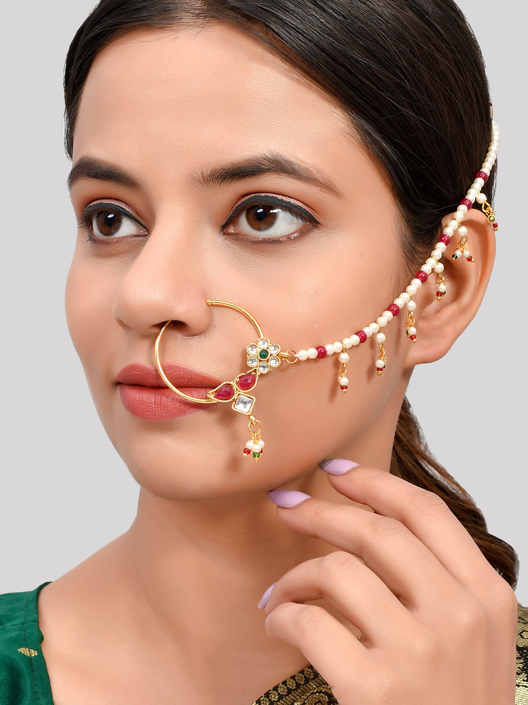 Silvermerc Designs Gold-Plated White & Red Kundan-Studded & Pearl Beaded Chained Nose Ring