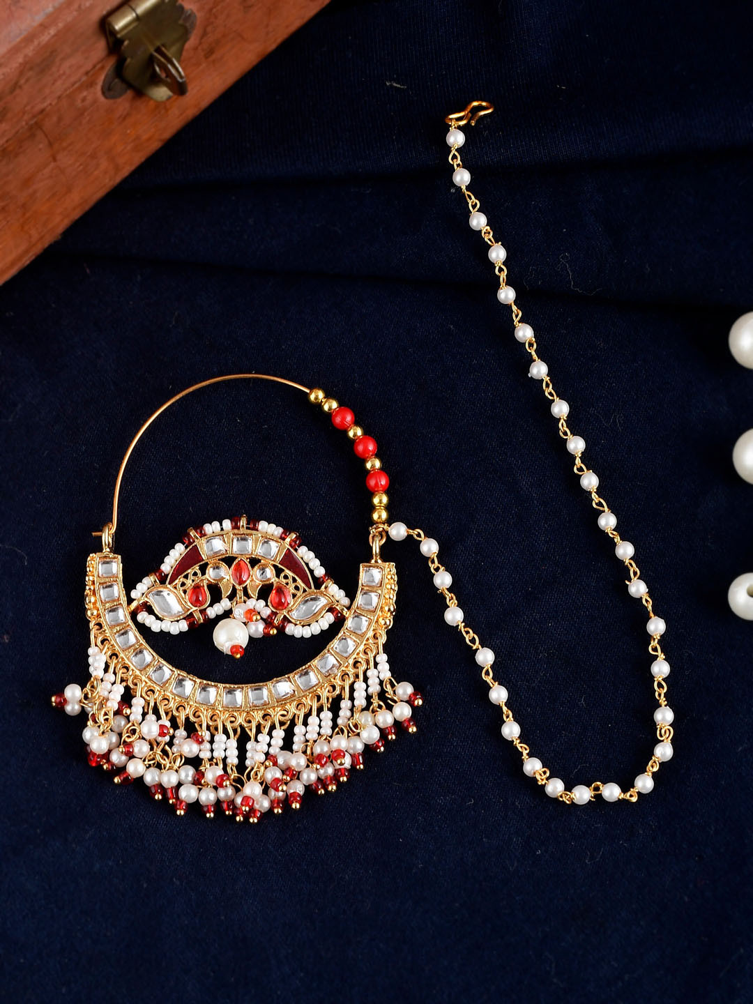 Silvermerc Designs Gold-Plated Kundan-Studded Meenakari Nosering with Chain