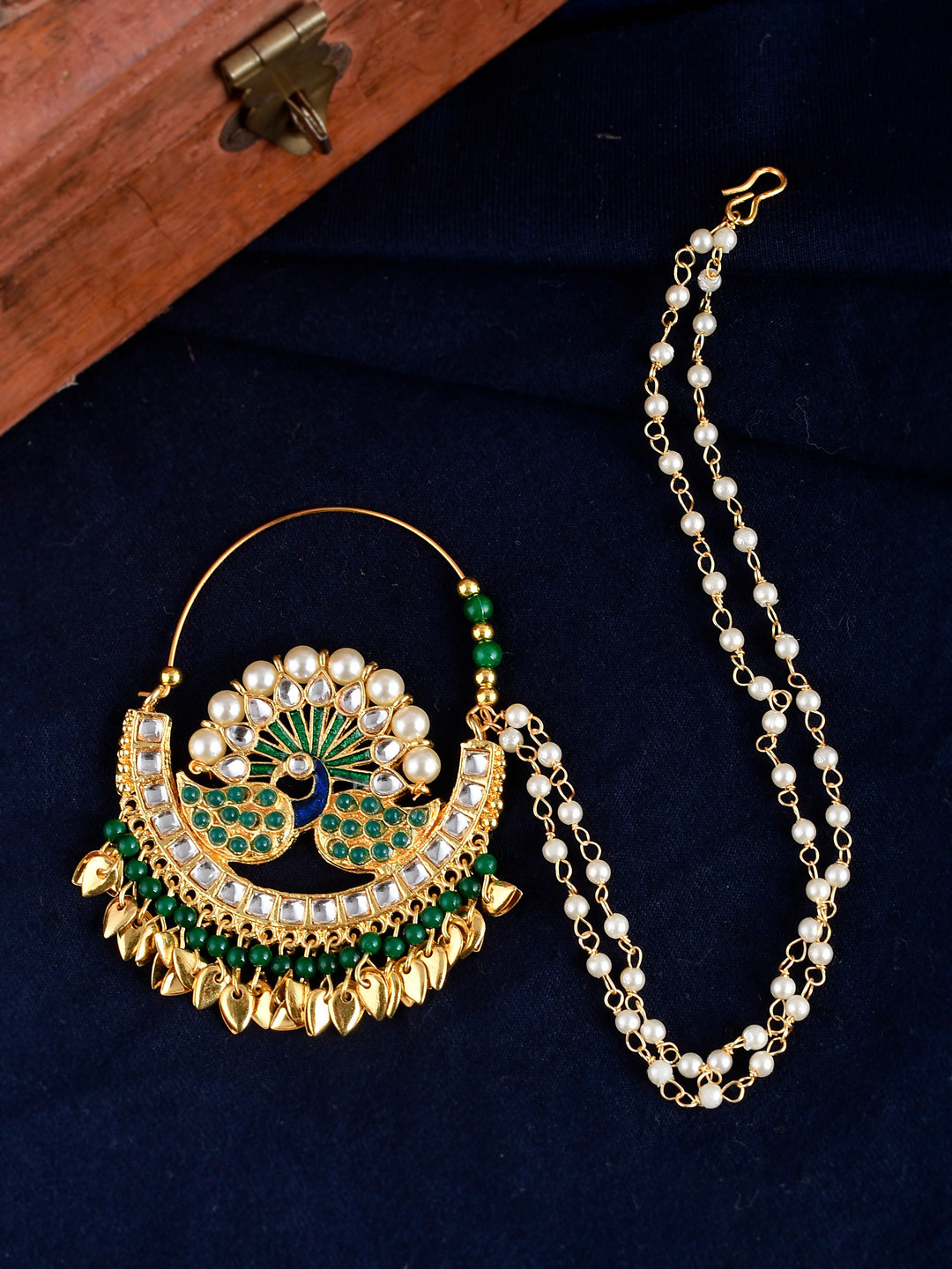 Silvermerc Designs Gold-Plated White & Green Stone-Studded & Pearl Beaded Meenakari Chained Nosering