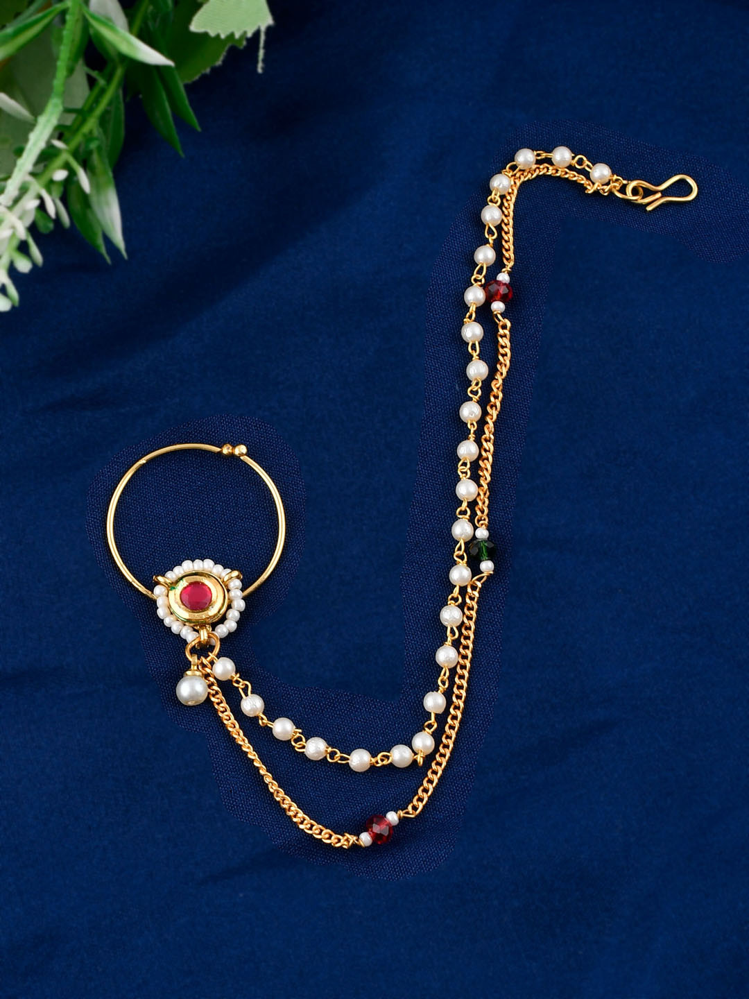 Silvermerc Designs Gold-Plated White & Red Stone Studded & Pearls Beaded Nose Ring