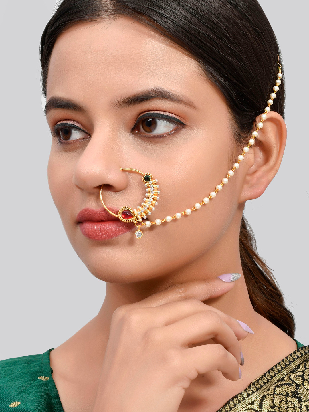 Silvermerc Designs Gold-Plated Red & White Stone-Studded & Beaded Nose Pin