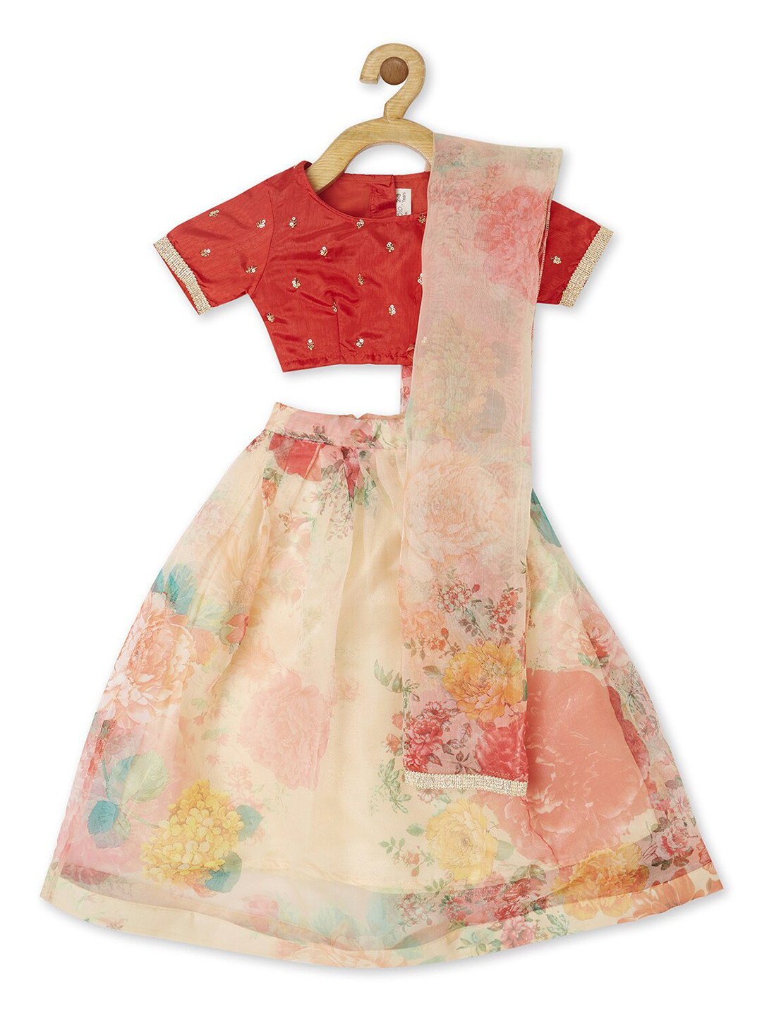 PICCOLO Girls Red & Beige Printed With Embellished Ready to Wear Lehenga & Choli