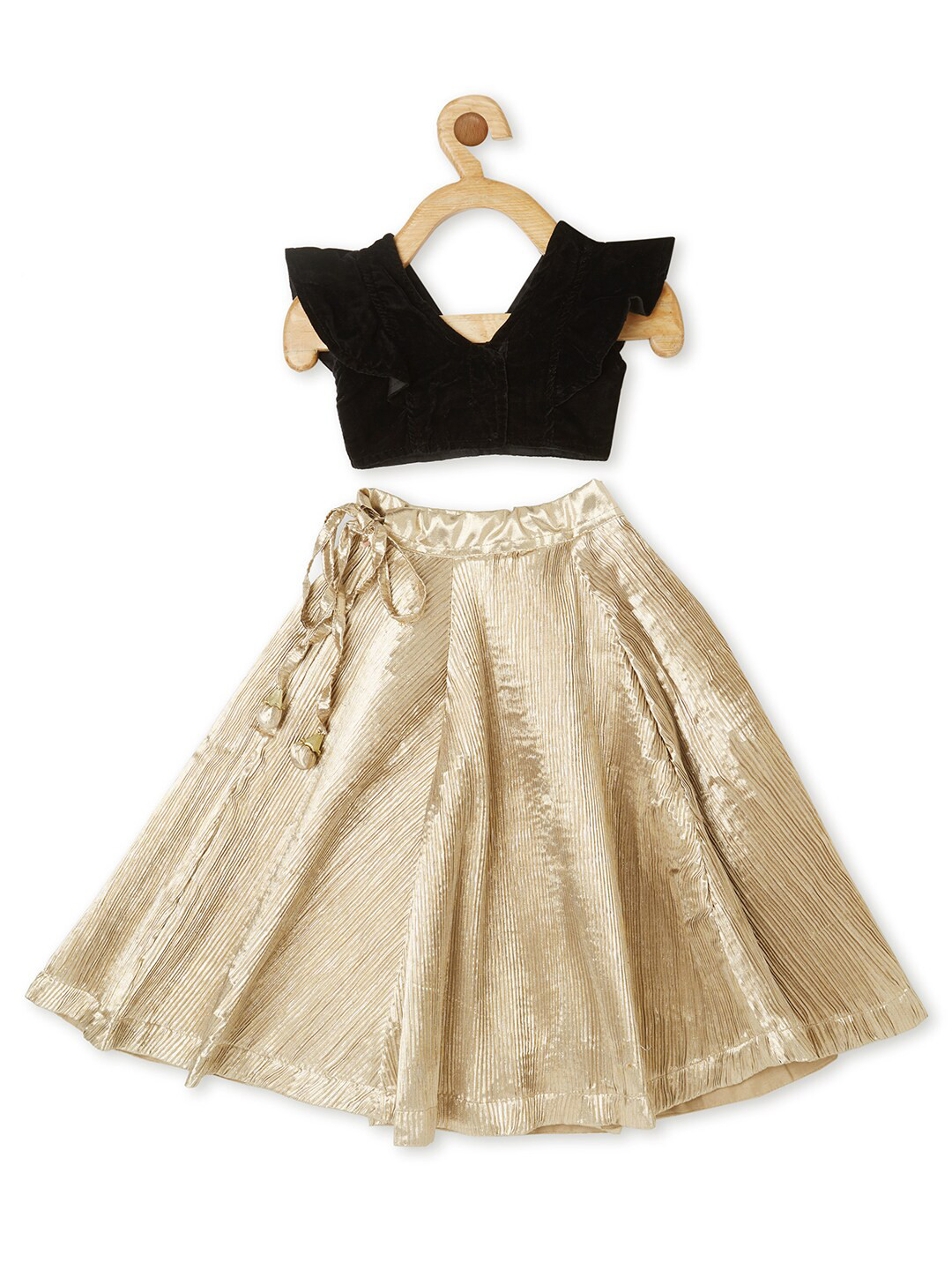 PICCOLO Girls Gold-Toned & Black Ready to Wear Velvet Ruffled Blouse & Pleated Lehenga Set