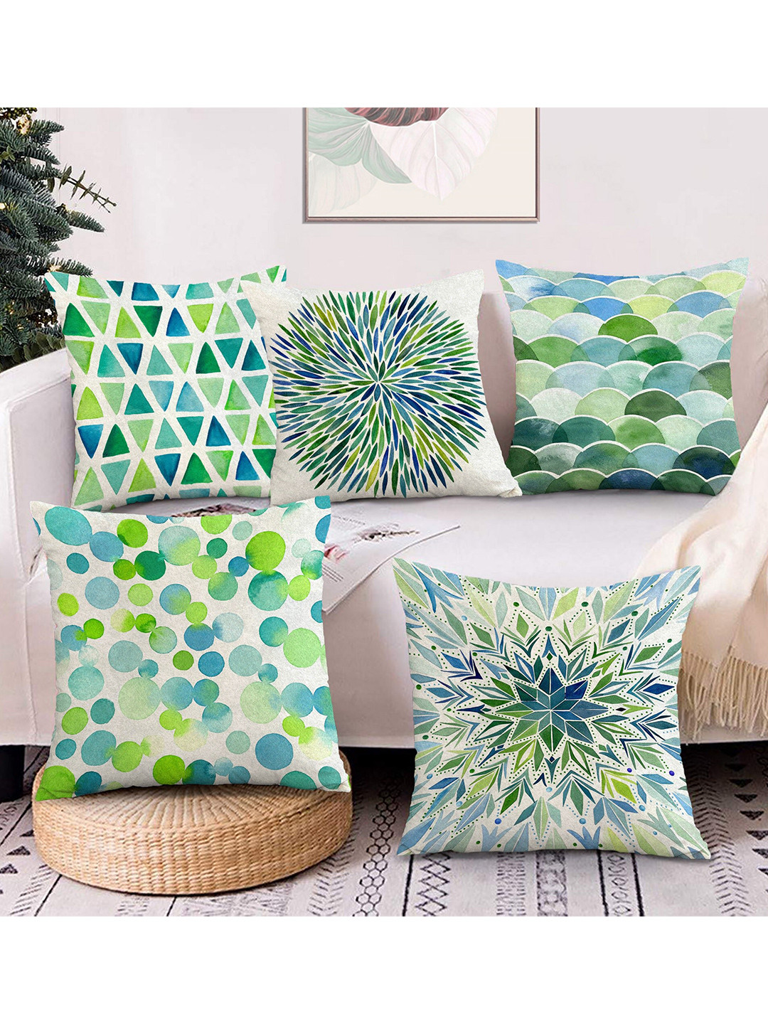 AEROHAVEN Blue & Green 5 Pieces Quirky Velvet Square Cushion Covers
