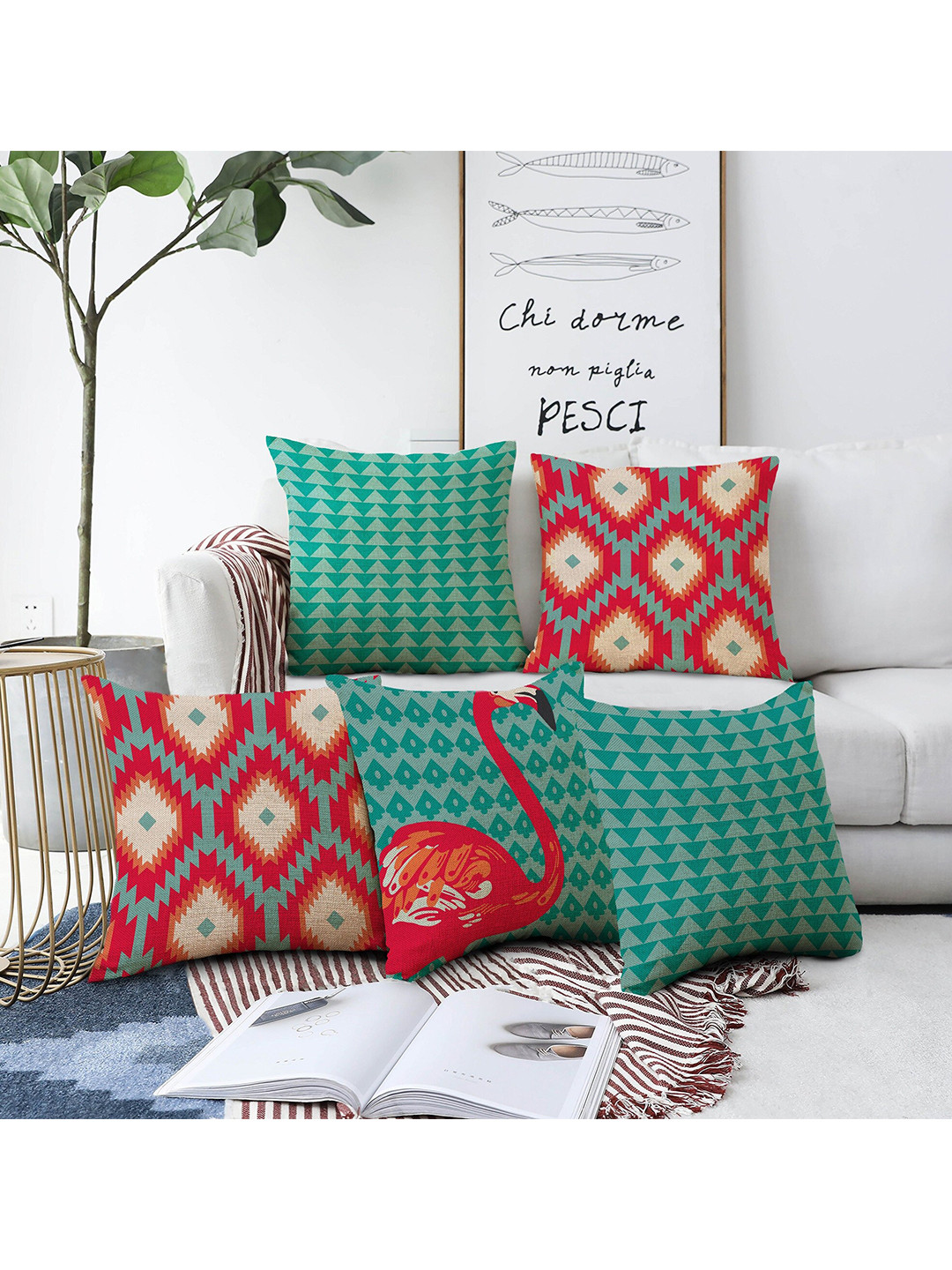 AEROHAVEN Red & Green 5 Pieces Geometric Square Cushion Covers
