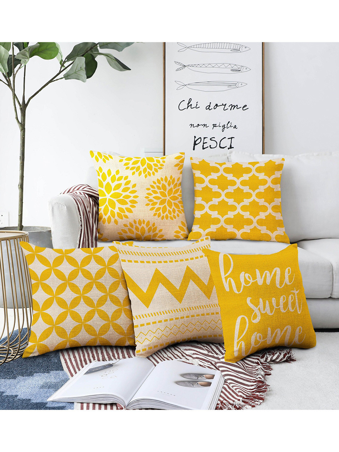 AEROHAVEN Beige Geometric Jute HD Digital 5 Piece Square Cushion Covers -24x24In
