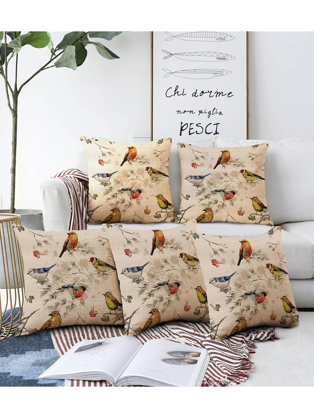 AEROHAVEN Printed Large Birds Beige Graphic Jute HD Digital 5 Pcs Cushion Covers -24x24In