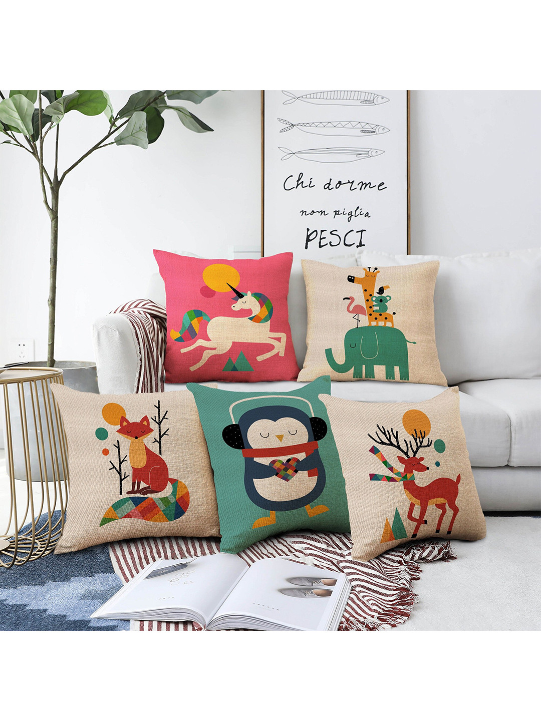 AEROHAVEN Green Graphic Jute Washable 5 Piece Square Cushion Covers -12x12In