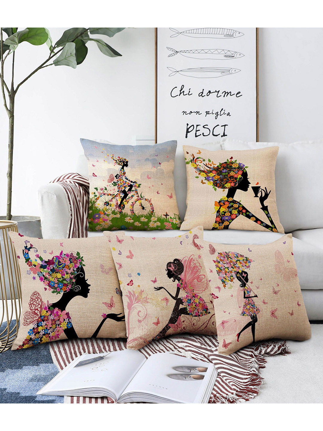 AEROHAVEN Digital Graphic Jute Silk Washable 5 Pcs Square Cushion Covers - 24 x 24 In