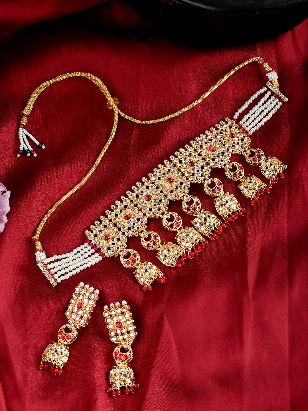 Silvermerc Designs Gold-Plated Red Kundan & Pearl Beaded Choker Jewellery Set