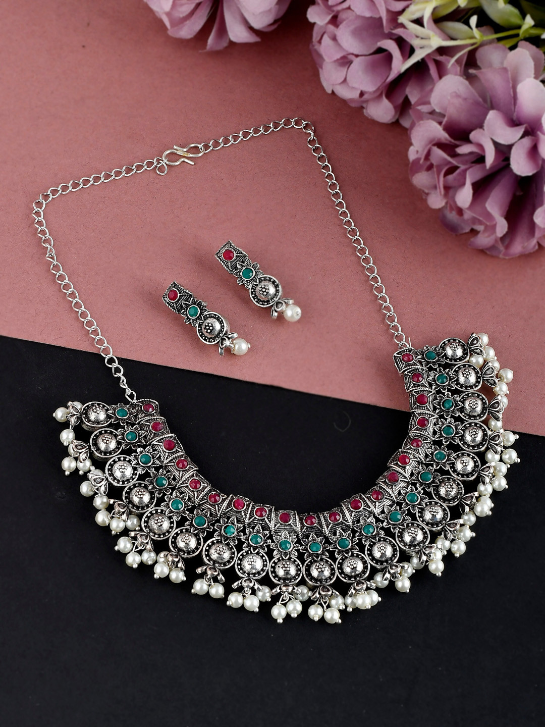 Silvermerc Designs Silver-Plated Oxidized Pearl Beaded Jewelry Set