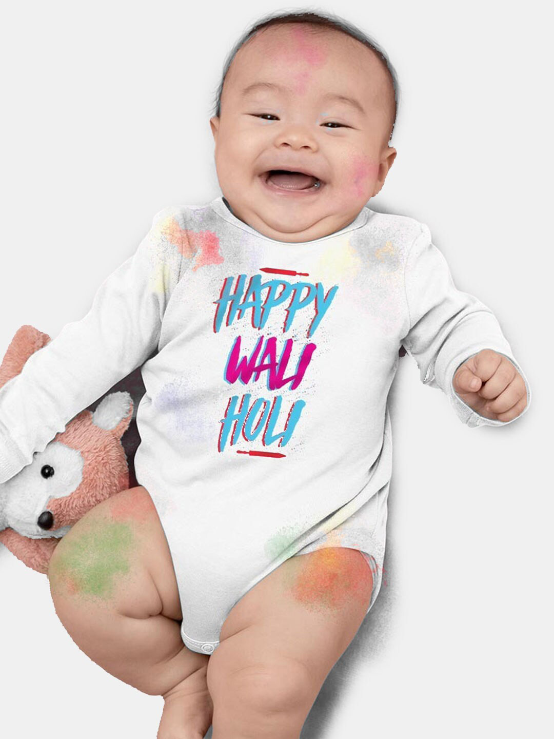 BONKIDS Infant Kids White & Pink Happy wali Holi Printed Cotton Bodysuit