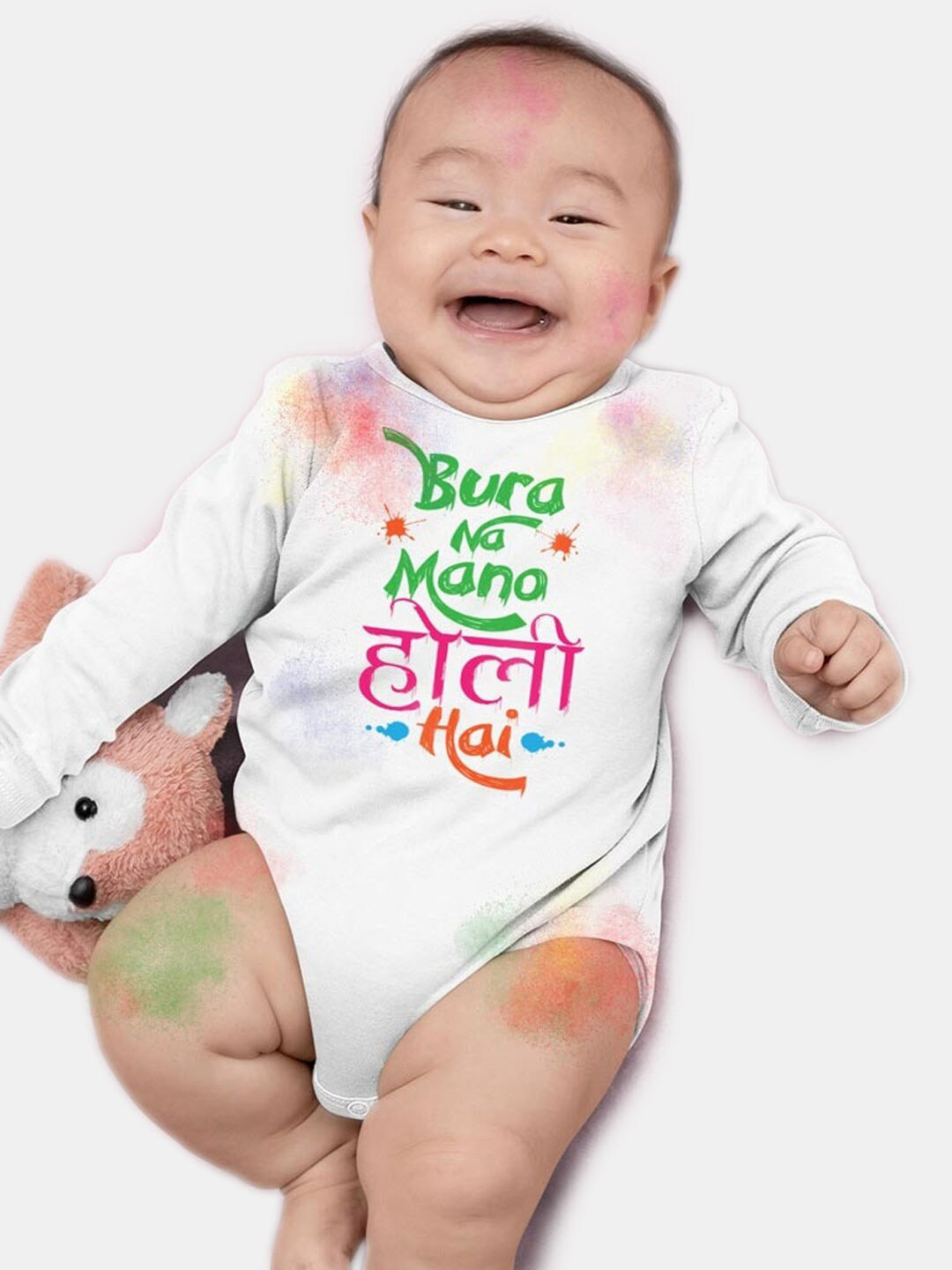 BONKIDS Infants Kids White & Pink Bura na Mano Holi Printed Pure Cotton Bodysuit
