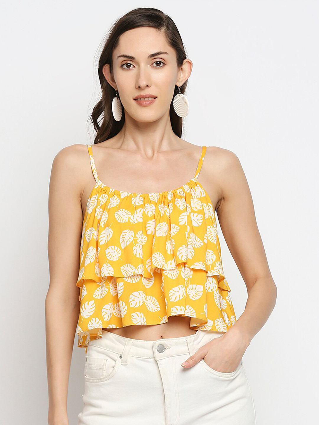 SPYKAR Yellow & White Print Layered Strappy Crepe Top