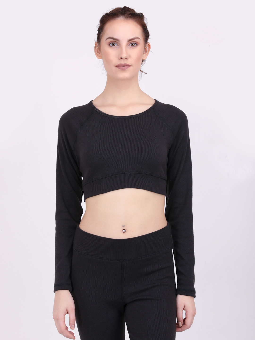 EVERDION Black Ribbed Pure Cotton Sports Crop Top
