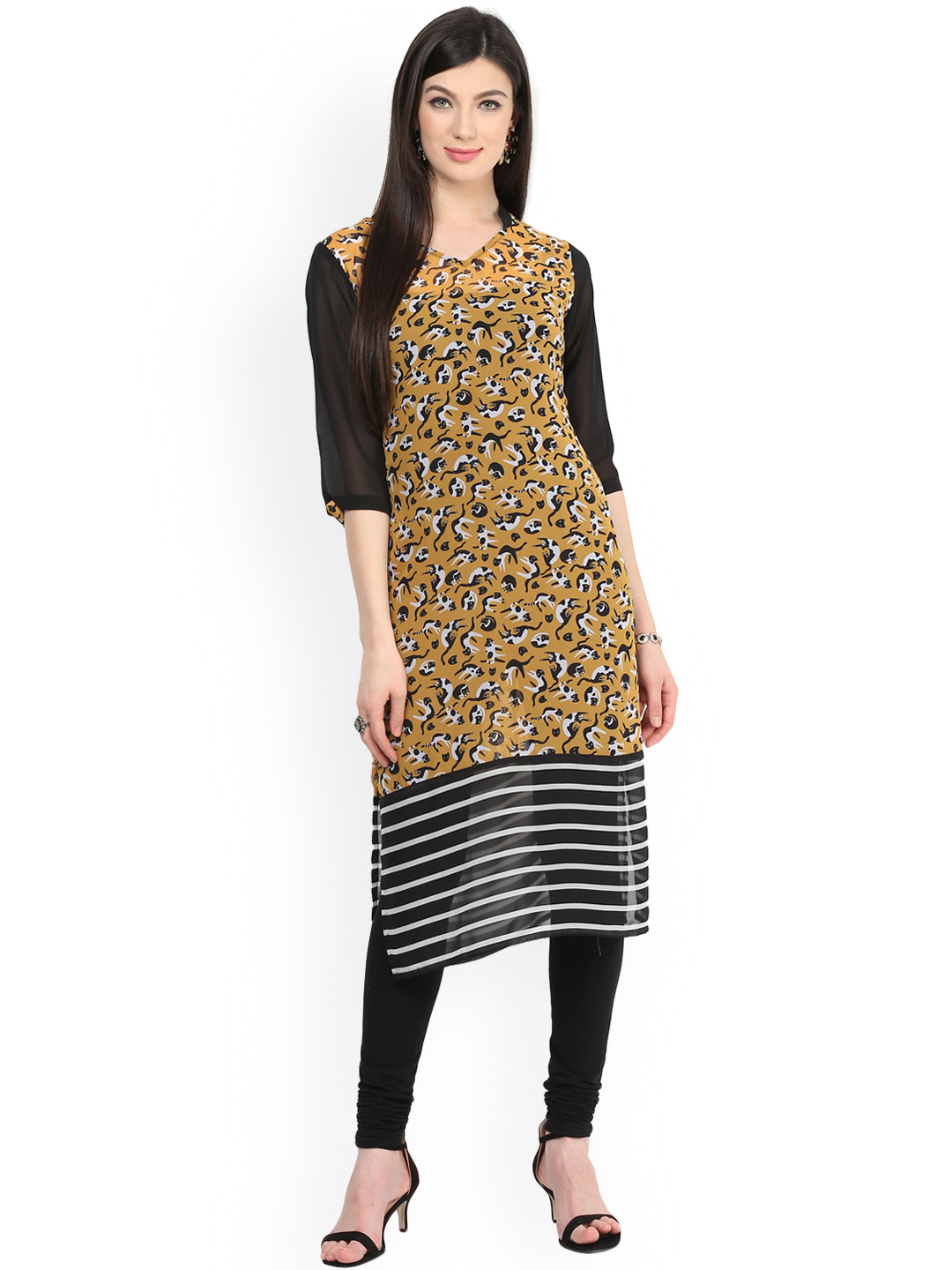 Pannkh Women Mustard Yellow & Black Printed Straight Kurta