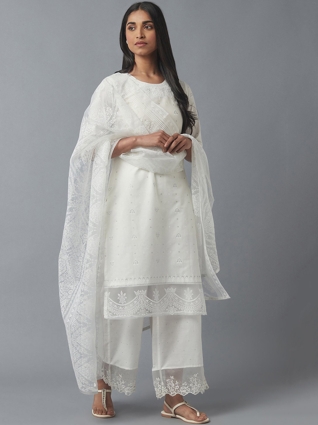 W Women White Geometric Embroidered Flared Sleeves Thread Work Kurta