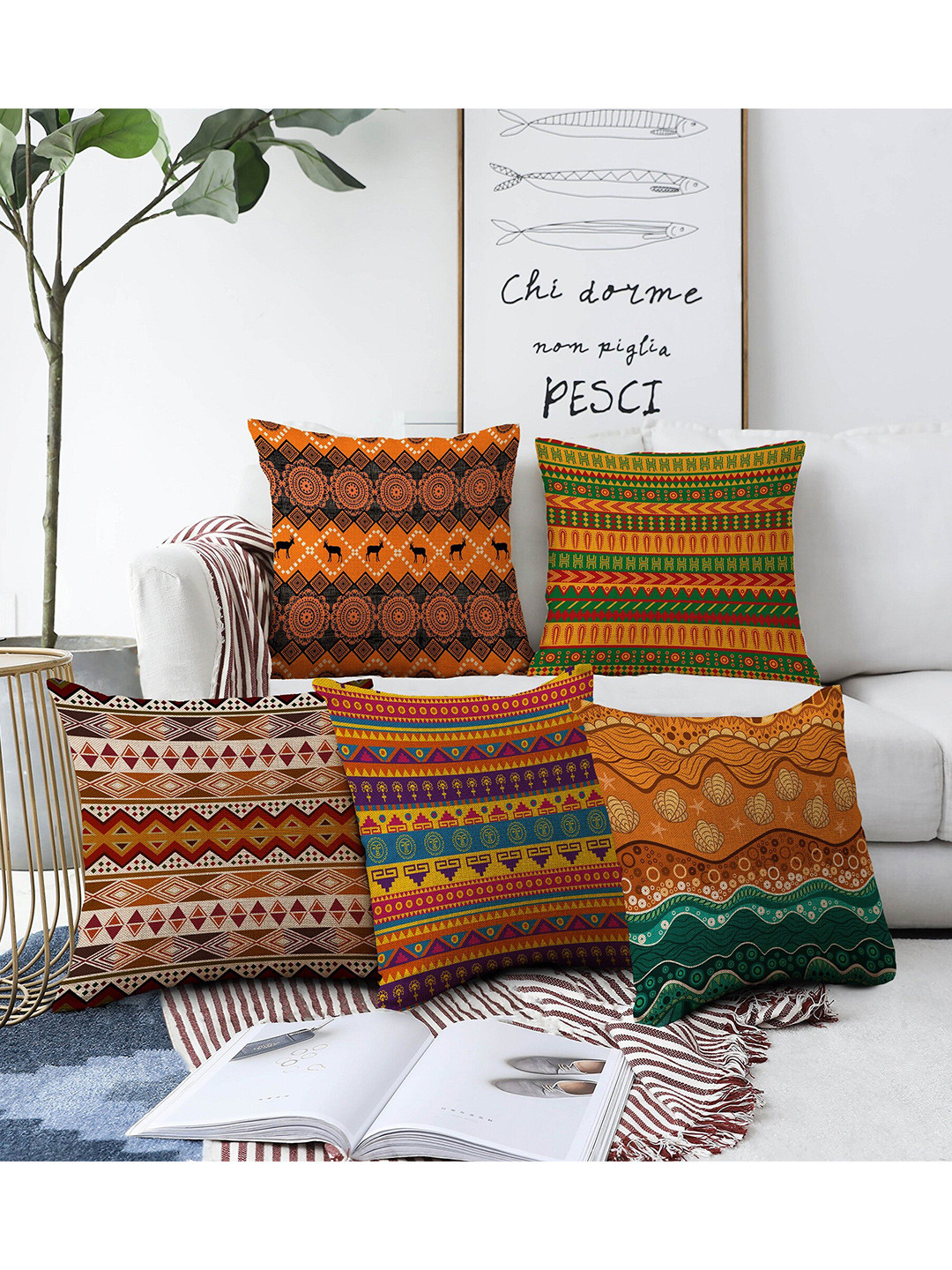 AEROHAVEN Digital Orange Geometric Jute Durable 5 Pcs Cushion Covers - 18 x 18 Inches