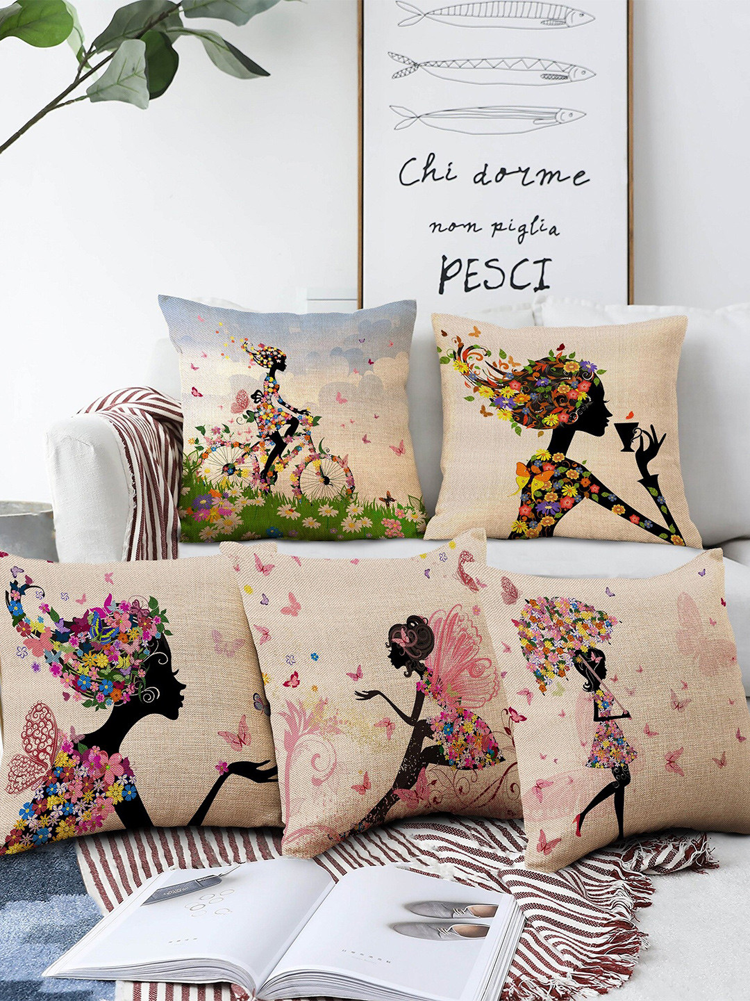 AEROHAVEN Digital Printed Quirky Jute Durable 5 Pcs Embroidered Cushion Covers -18x18In