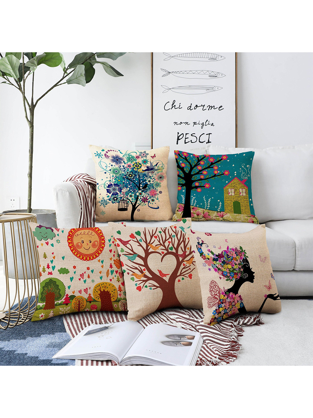 AEROHAVEN Digital Printed Quirky Jute Durable 5 Pcs Embroidered Cushion Covers -18x18In