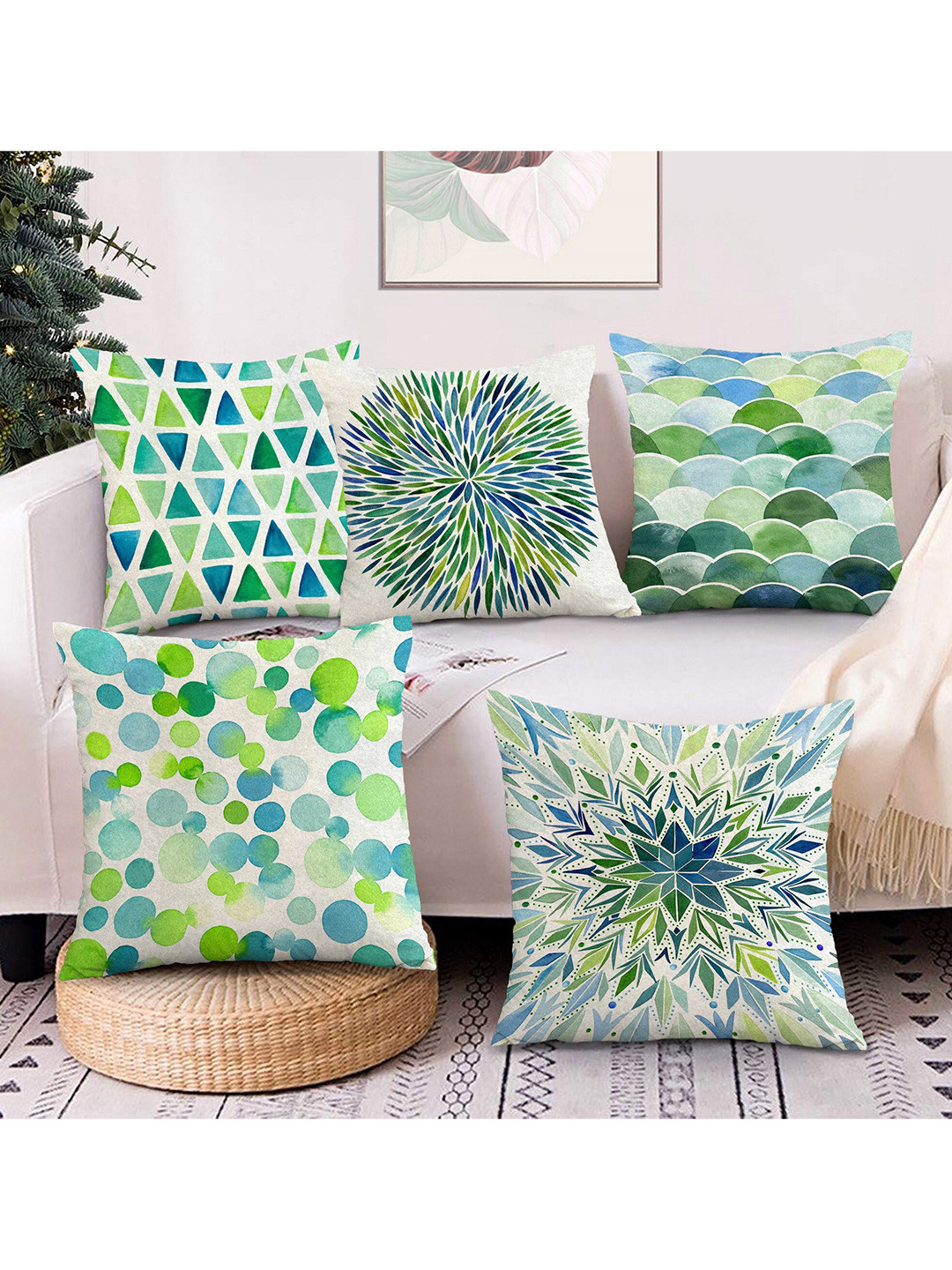 AEROHAVEN Digital Blue Geometric Velvet Durable 5 Pcs Cushion Covers - 18 x 18 Inches