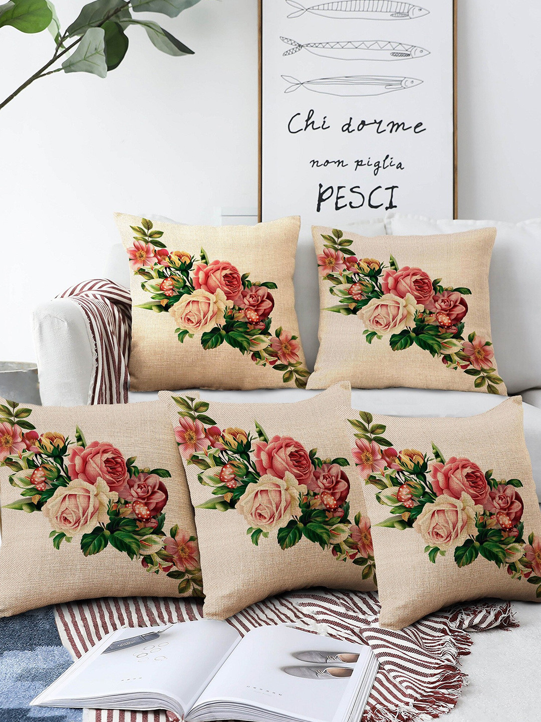 AEROHAVEN Beige Floral Jute HD Digital 5 Piece Square Cushion Covers -18x18In