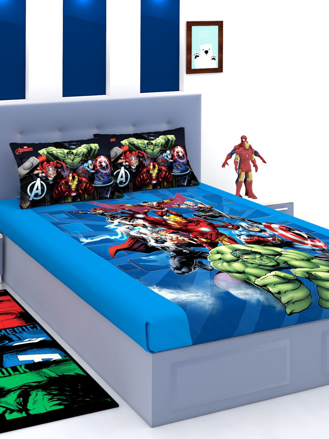 Marvel Blue & Red Cartoon Characters 180 TC King Bedsheet with 2 Pillow Covers