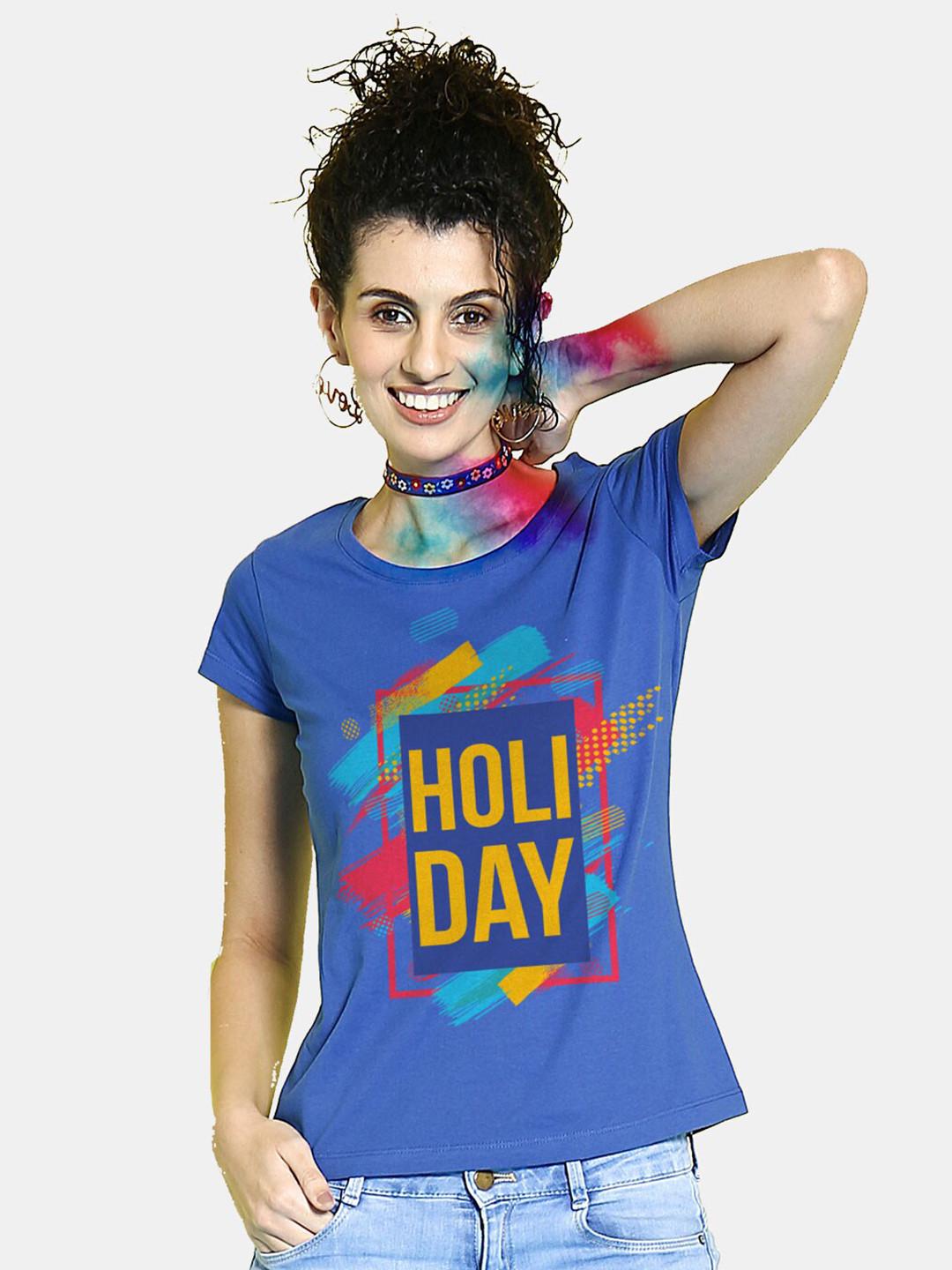 BonOrganik Women Blue Holi Day Printed T-shirt
