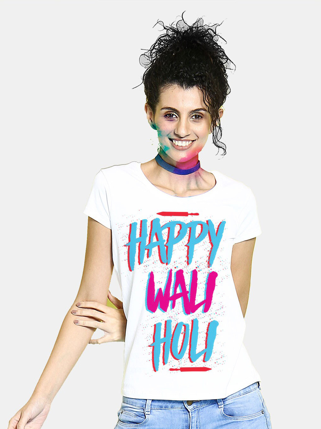 BonOrganik Women White Happy Wali Holi Printed T-shirt