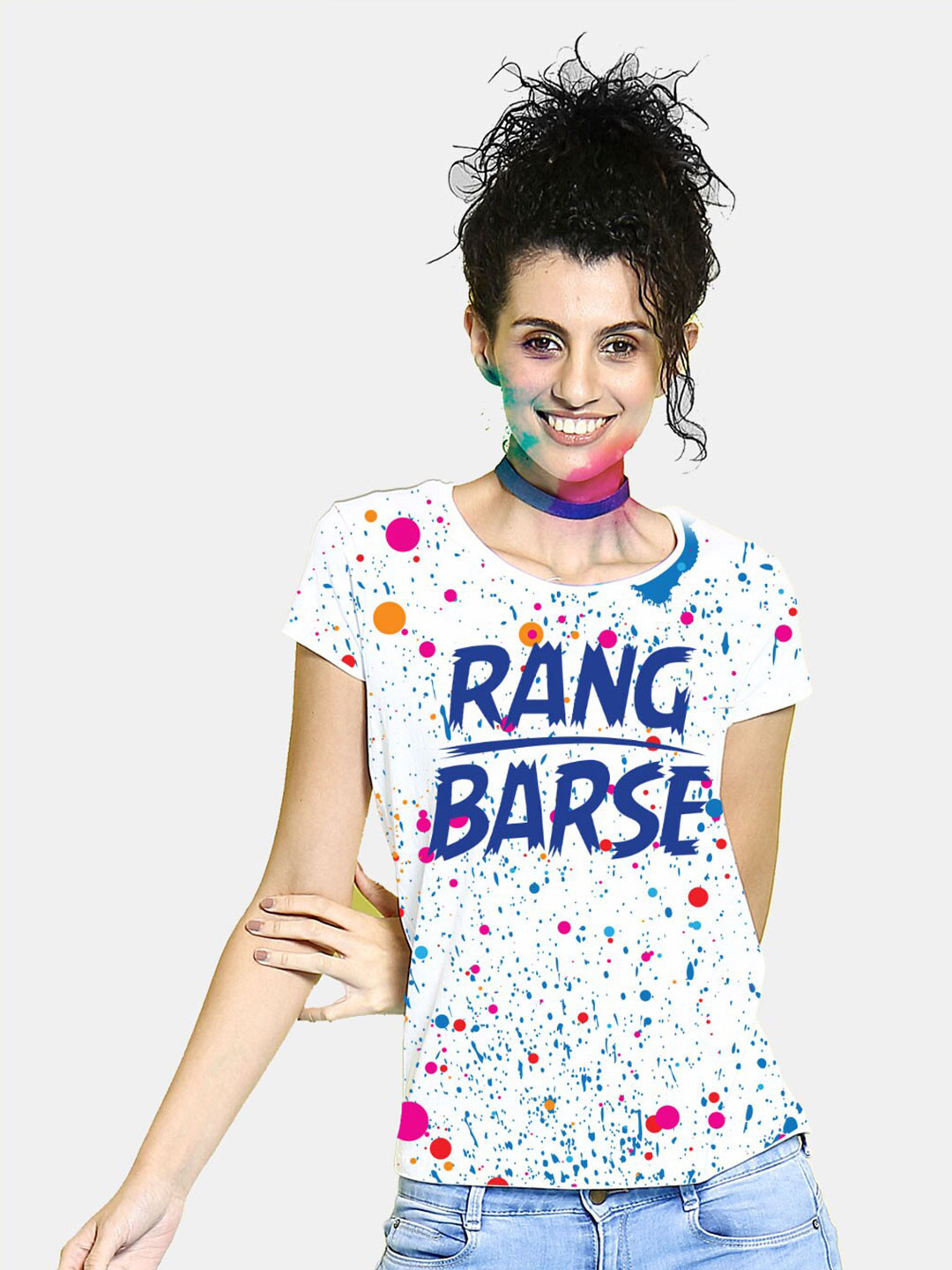 BonOrganik Women White Rang Barse Printed Holi T-shirt
