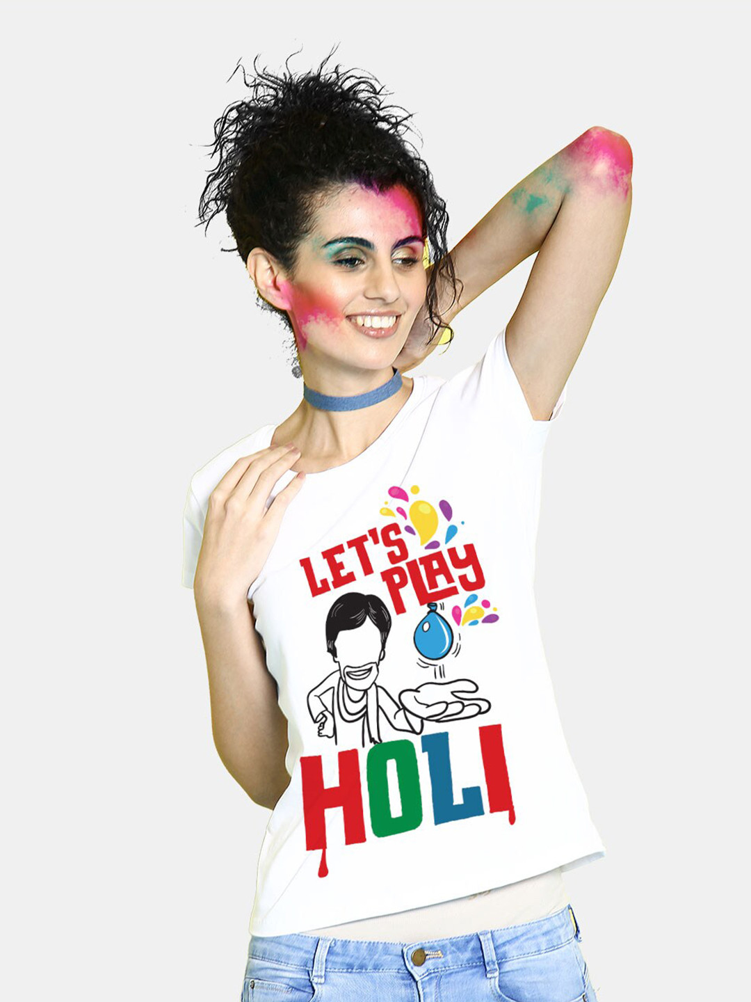 BonOrganik Women White Lets Play Holi Printed T-shirt