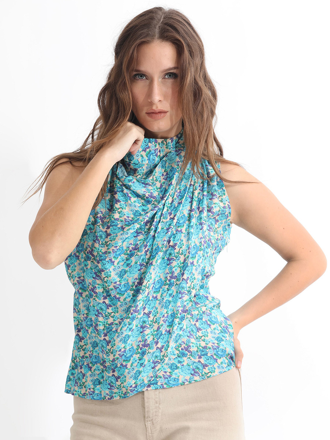 RAREISM Blue & Beige Floral Print Cowl Neck Top