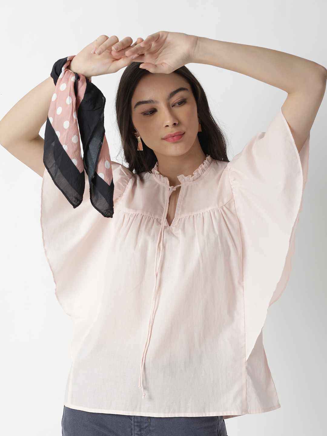 RAREISM Baby Pink Tie-Up Flutter Sleeves Neck Top