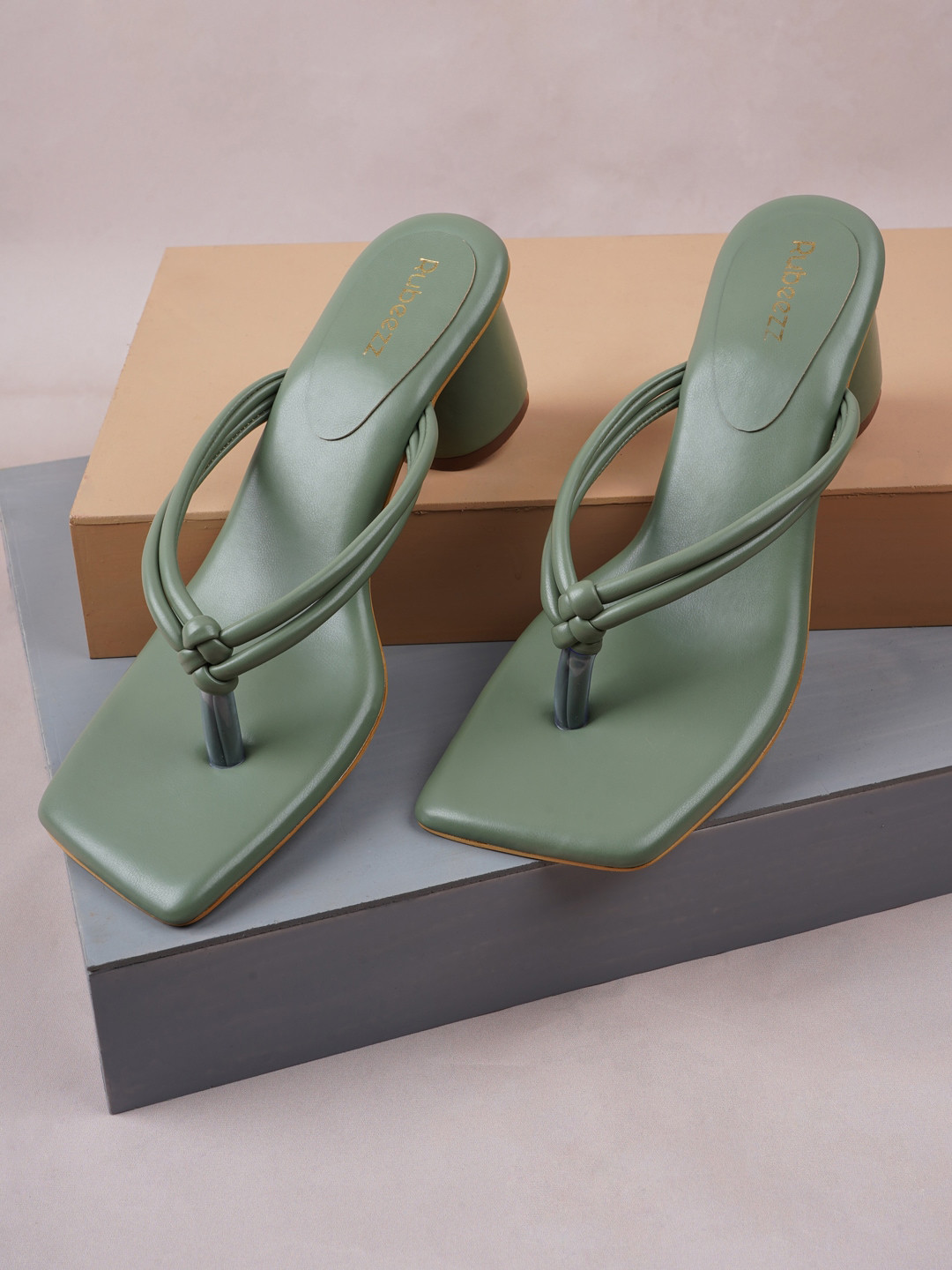 Rubeezz Green Solid Block Heeled Sandals
