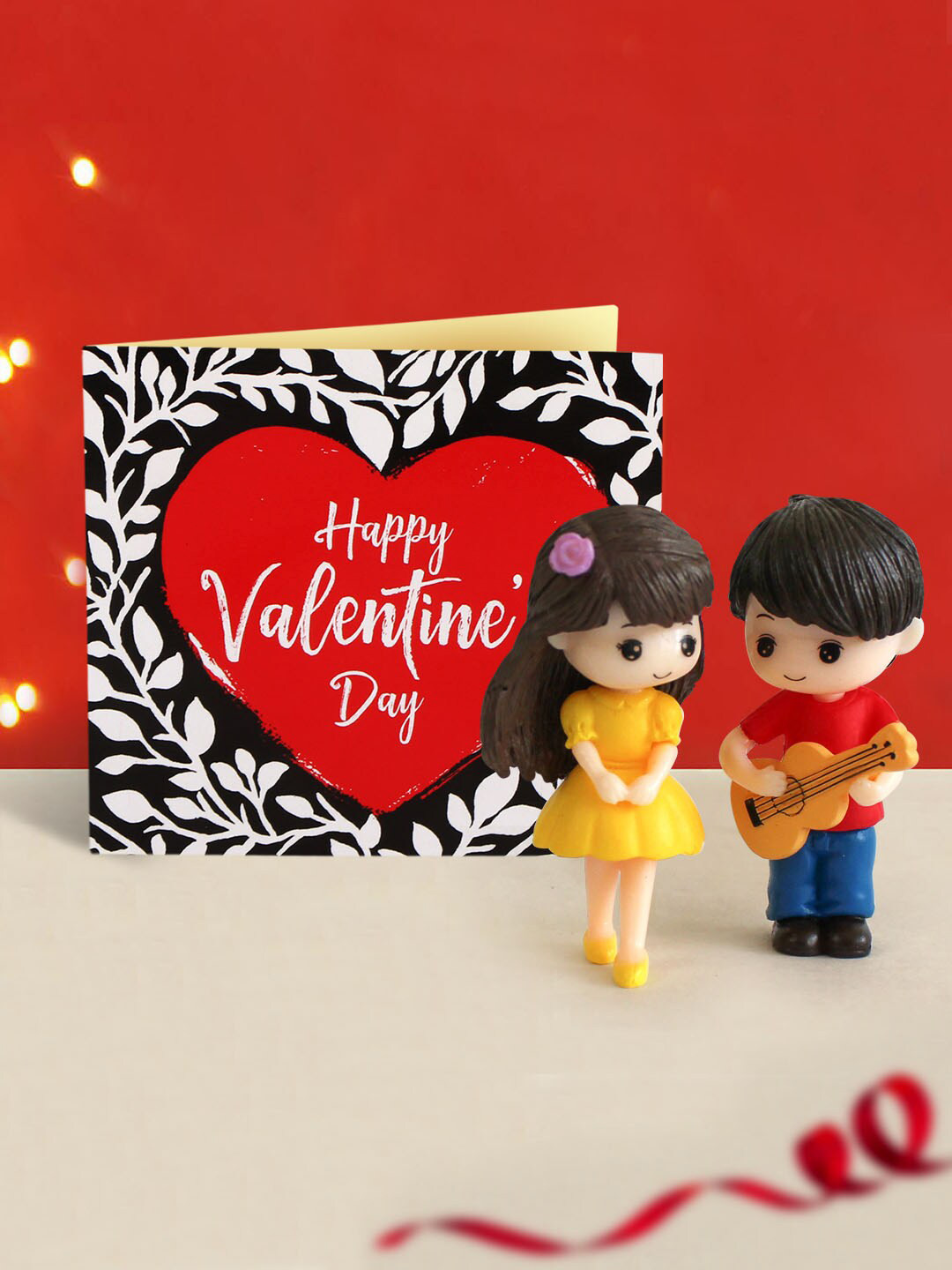 TIED RIBBONS Red & Yellow Valentine Romantic Love Couple with Guitar Showpiece & Greeting Card