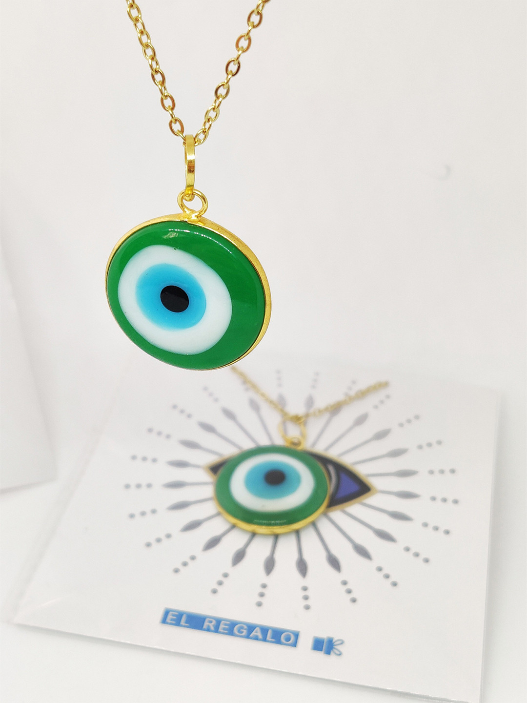 EL REGALO Gold-Toned  Fluorescent Green Temple Evil Eye Necklace