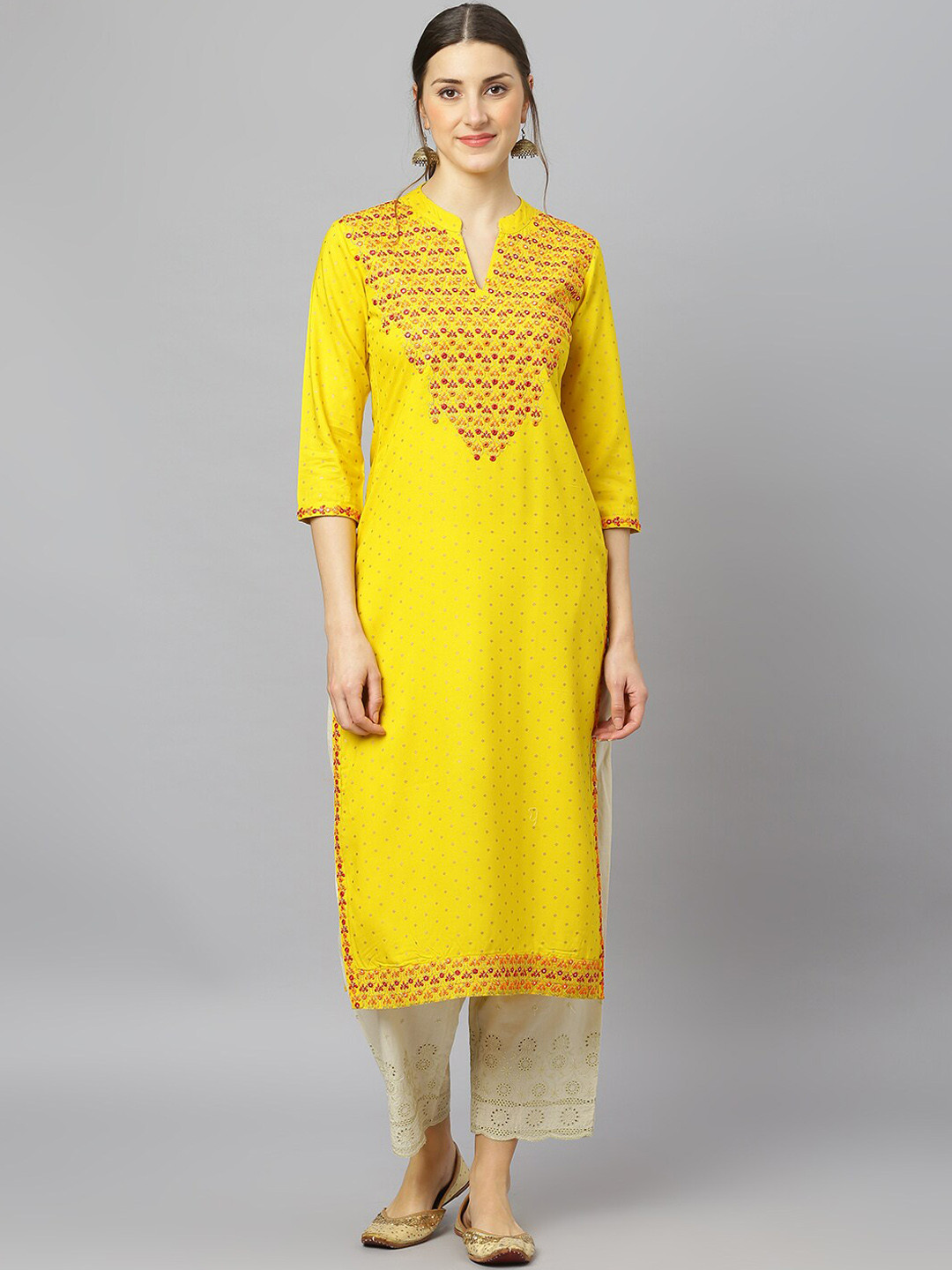 FASHION DEPTH Women Yellow Geometric Yoke Design Thread Work Kurta