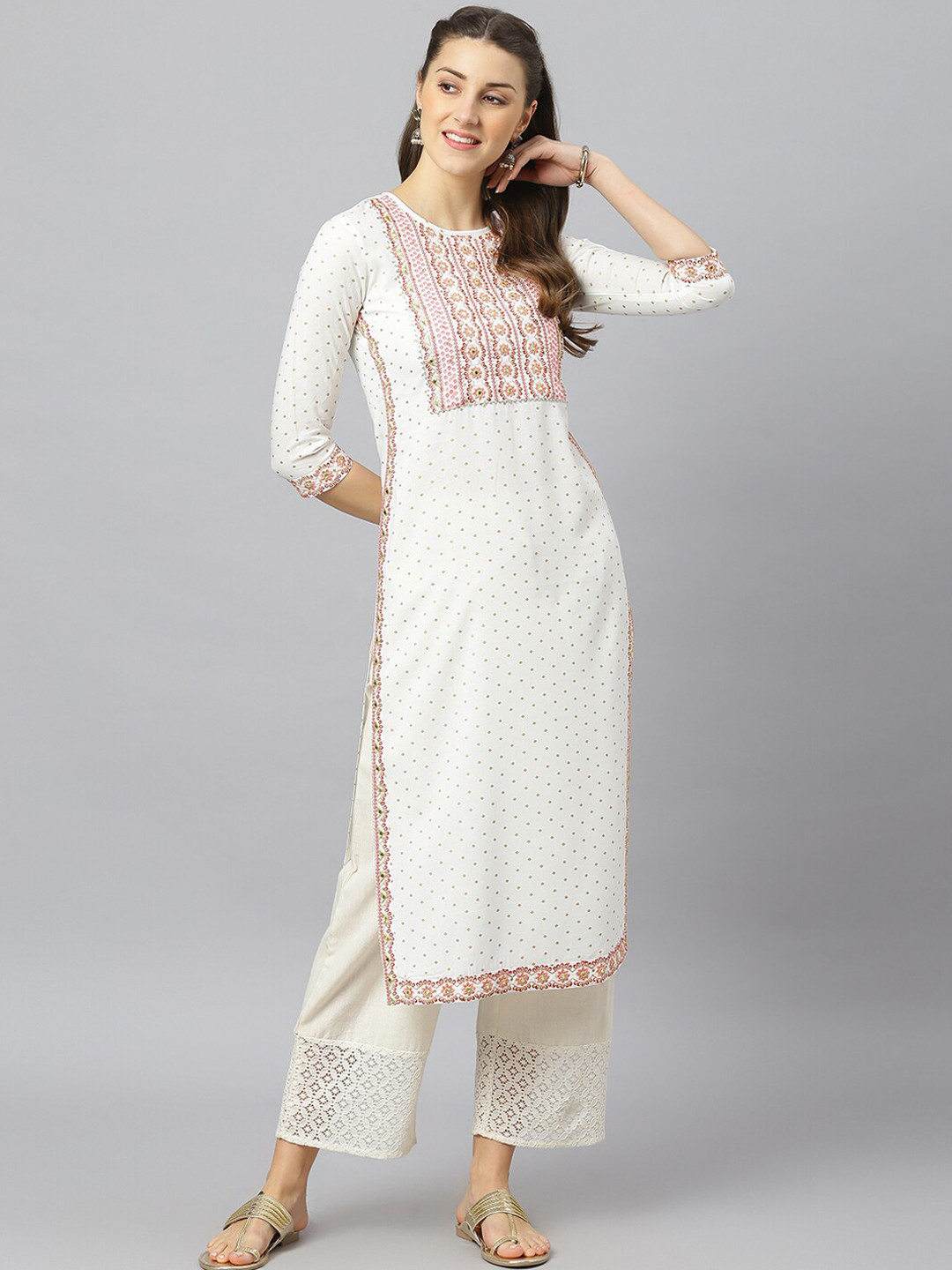 FASHION DEPTH Women White Ethnic Motifs Embroidered Kurta