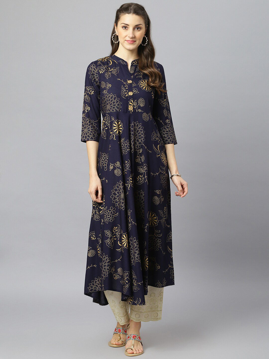 FASHION DEPTH Women Navy Blue Floral Printed Anarkali Kurta